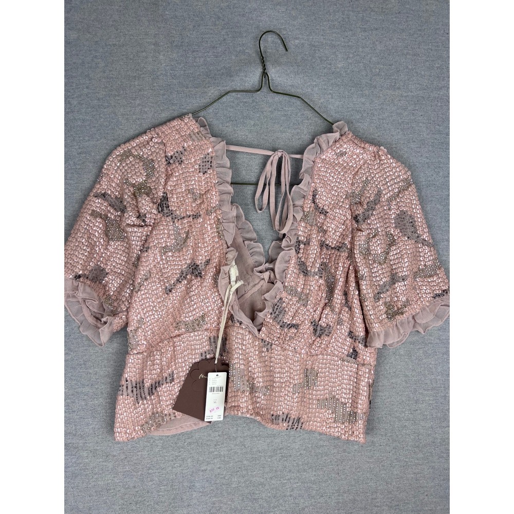 Anthropologie Ruffled Sequin Tie-Back Crop Top - Blush Pink